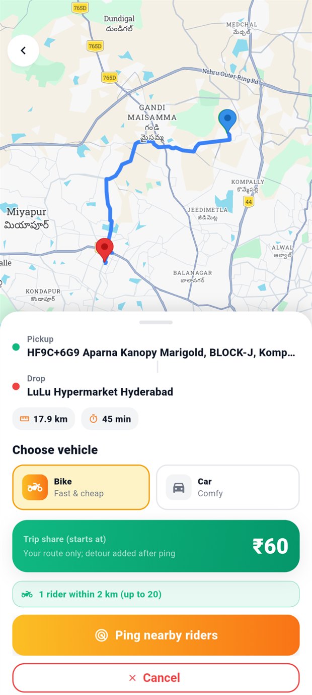 My Pillion app screen showing a 17.9 km route from Aparna Kanopy Marigold to LuLu Hypermarket Hyderabad, with a bike or car choice and a trip share estimate of 60 rupees.