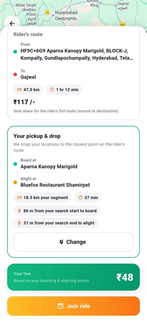 Posted ride detail showing the rider's full route, the pillion's snapped boarding and alighting points, walk distances, and a fare of 48 rupees.