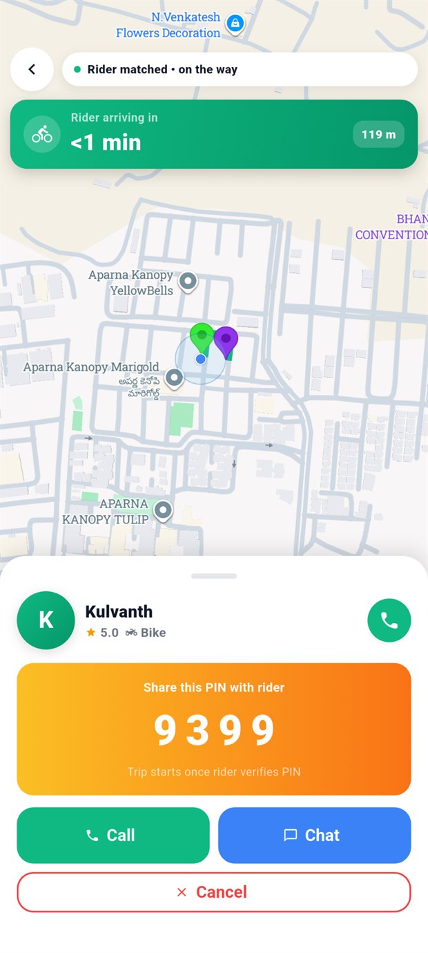 Matched screen showing the rider arriving in under a minute, a four digit boarding PIN, and call and chat buttons.