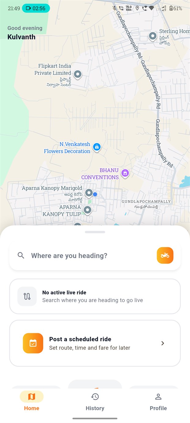 My Pillion rider home screen with a live map and a search field asking where you are heading.