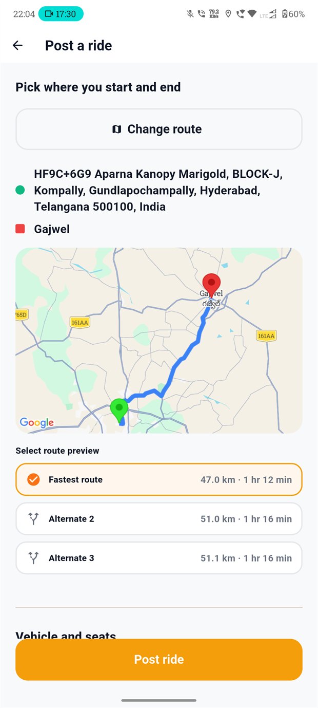 Post a ride screen showing a 47 km route to Gajwel with three alternate route options to choose from.
